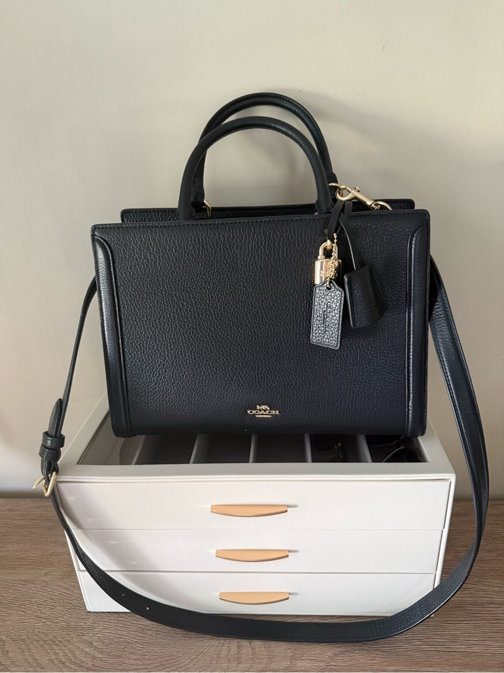 Coach Black Pebble Leather Structured Satchel with Shoulder Strap